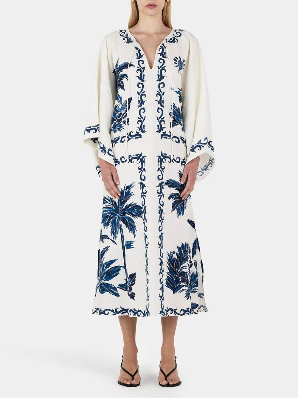 Palm Print V-Neck Long Sleeve Kaftan Midi Dress - View 5