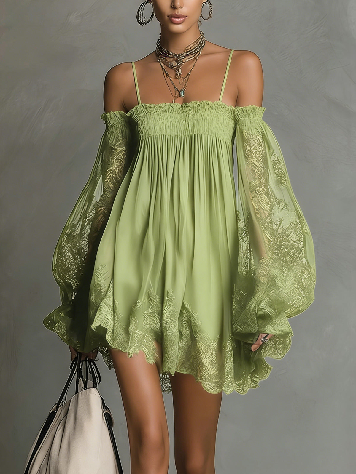Off Shoulder Sheer Lace Balloon Sleeve Smocked Mini Dress 3