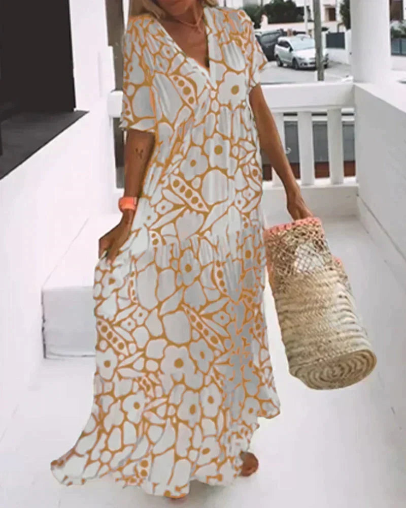 Abstract Floral Print V-Neck Flutter Sleeve Tiered Maxi Dress 6