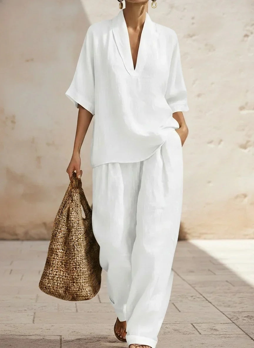 Deep V-Neck Short Sleeve Top and Wide Leg Pants Two Piece Set 2