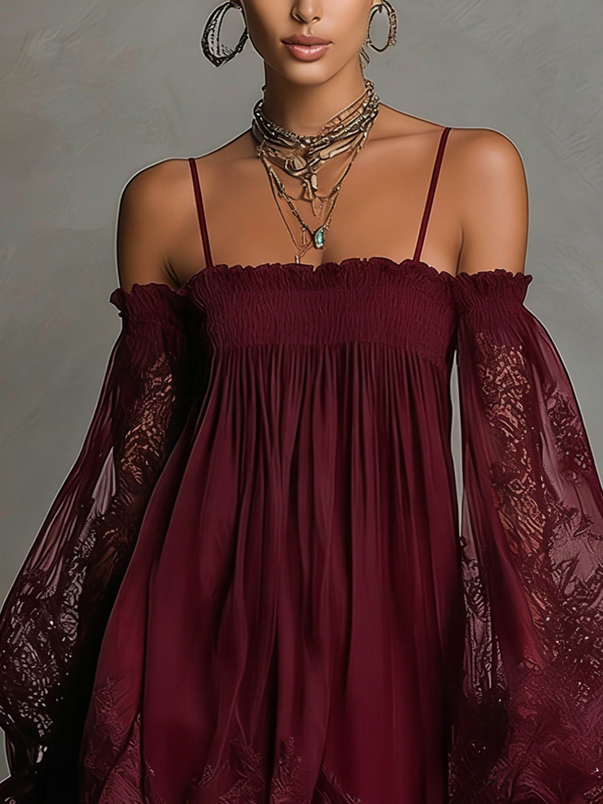 Off Shoulder Sheer Lace Balloon Sleeve Smocked Mini Dress 11
