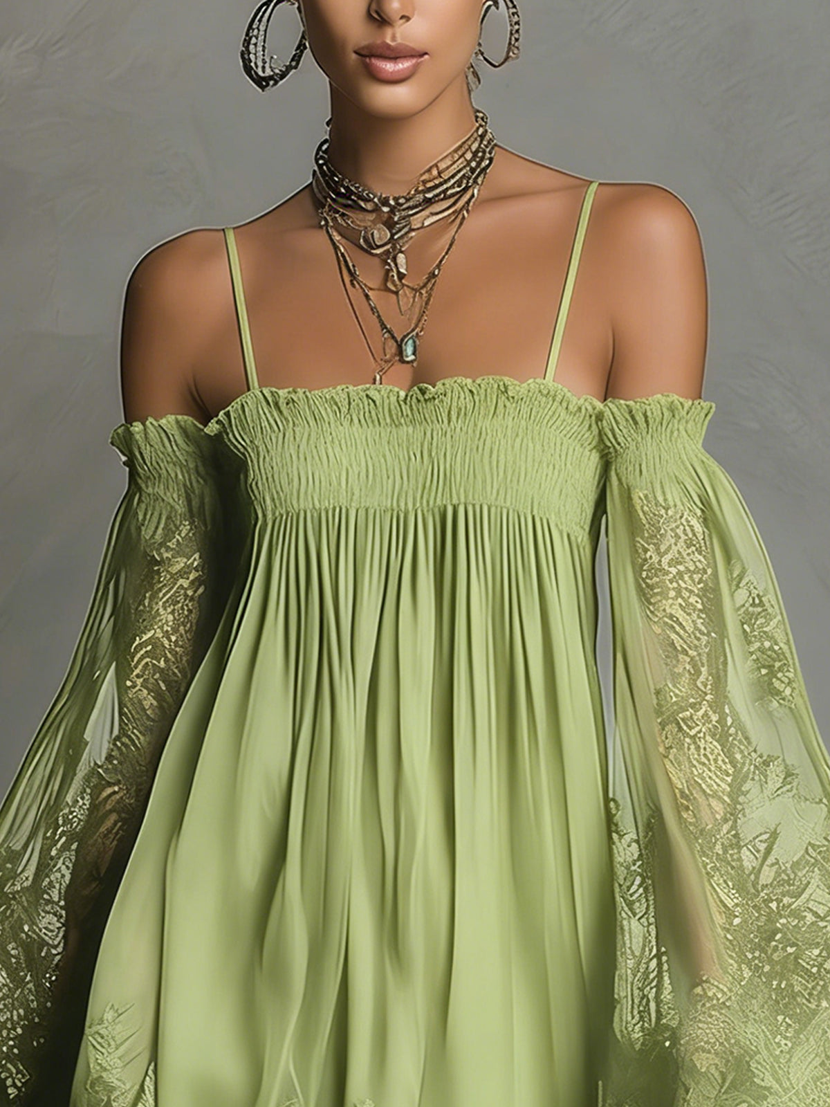 Off Shoulder Lace Bell Sleeve Smocked Mini Dress 10