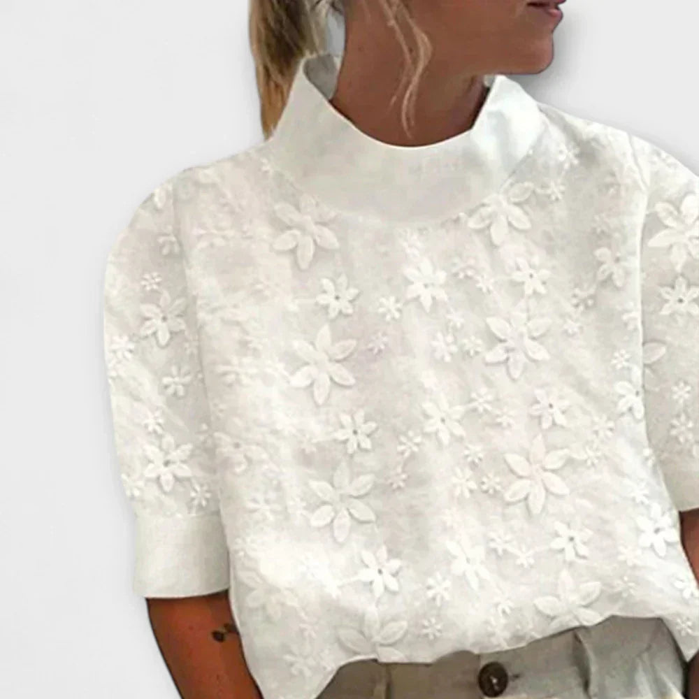 Floral Embroidered Eyelet Mock Neck Short Sleeve Blouse