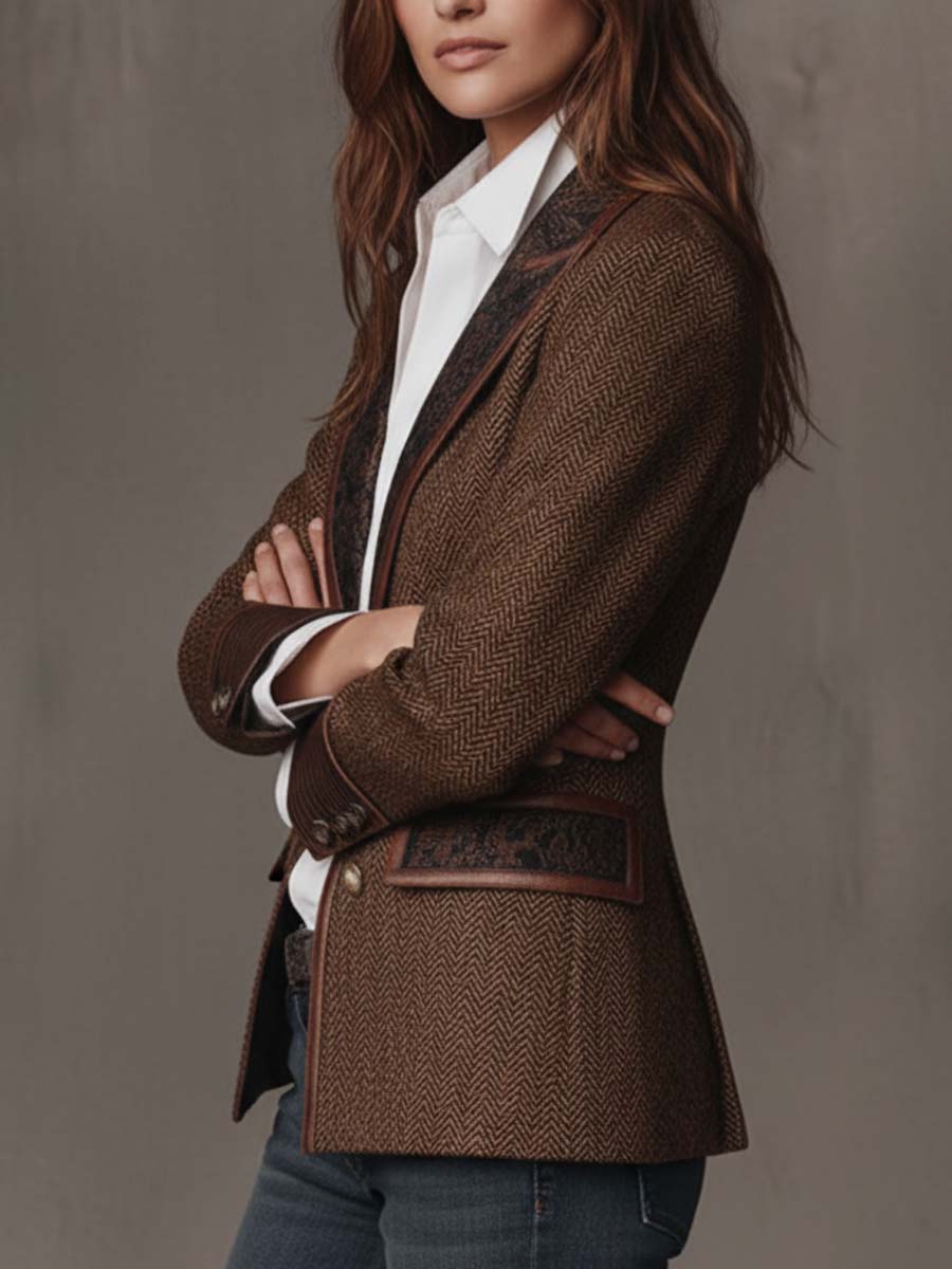 Herringbone Paisley Panel Faux Leather Trim Blazer 3