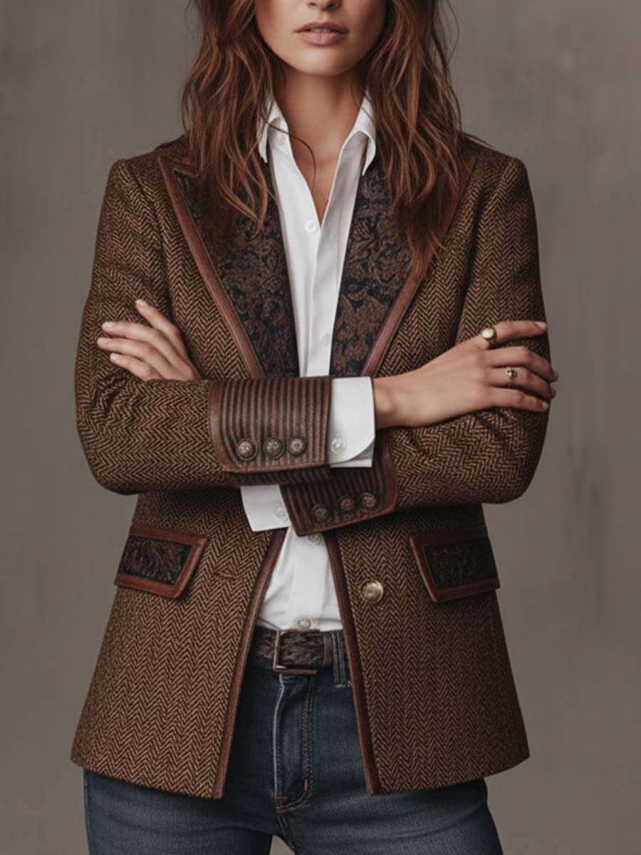 Herringbone Paisley Panel Faux Leather Trim Blazer 2