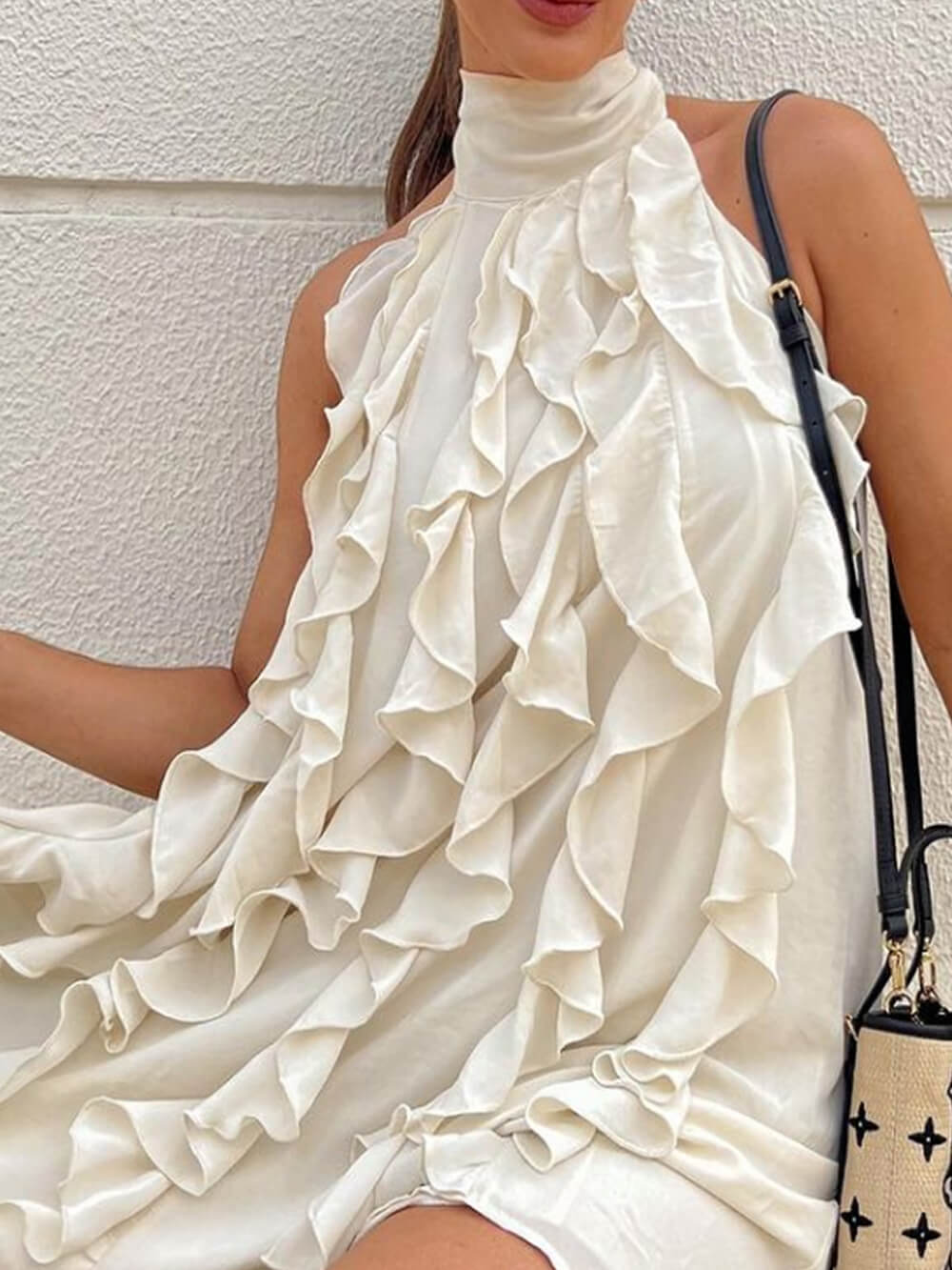 High Neck Sleeveless Ruffle Trim Satin Mini Dress 2