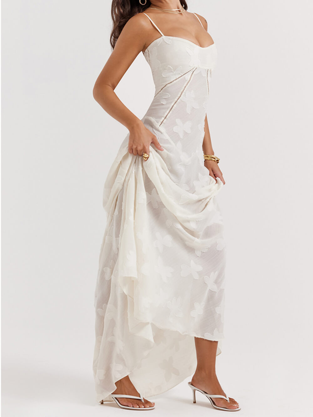 Vintage Cream Floral Lace Back Maxi Dress - View 4