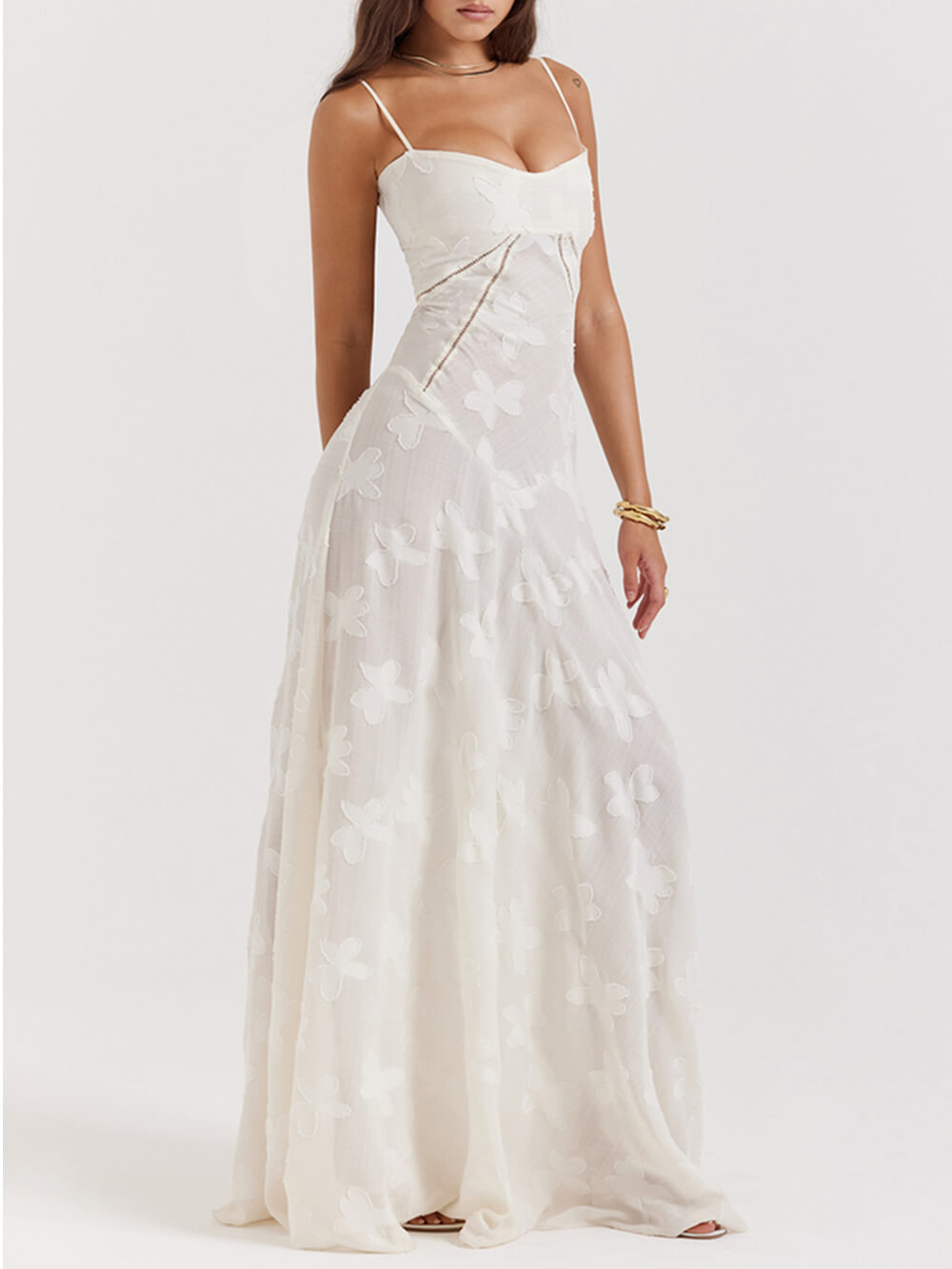 Vintage Cream Floral Lace Back Maxi Dress - View 5
