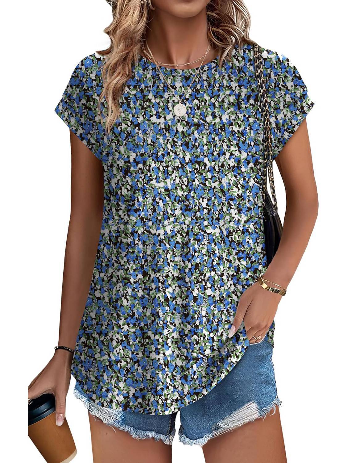 Leaf Print Round Neck Cap Sleeve Top 13