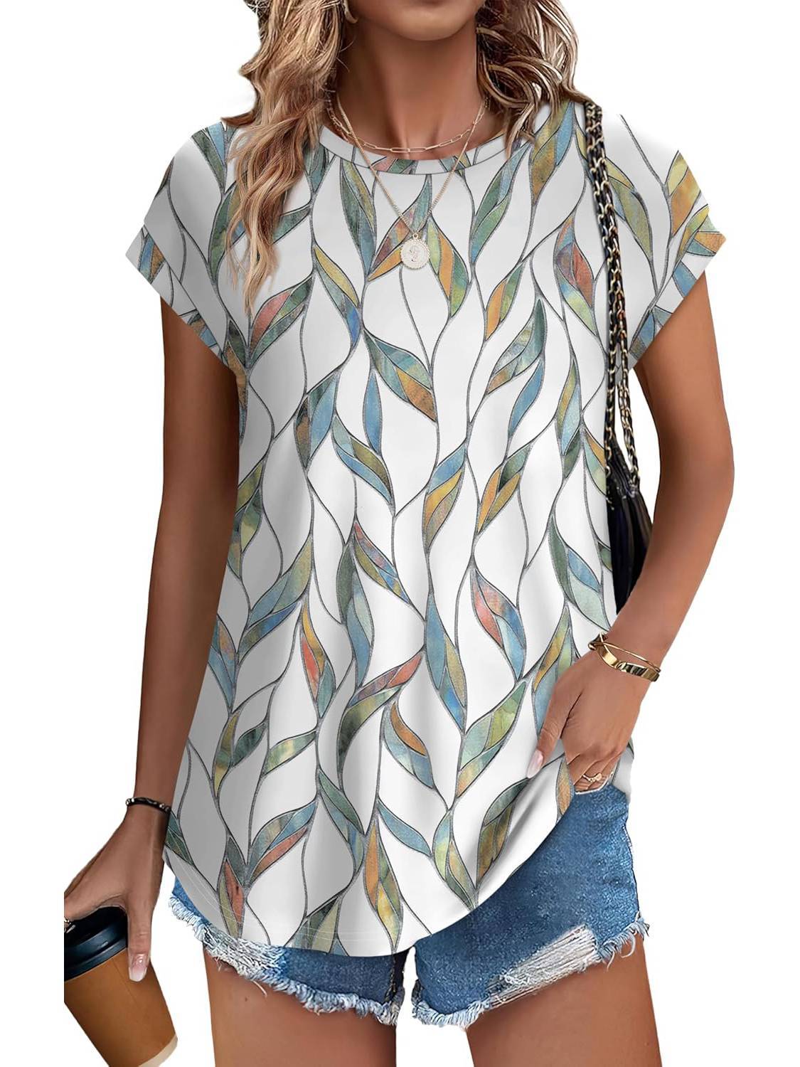 Leaf Print Round Neck Cap Sleeve Top