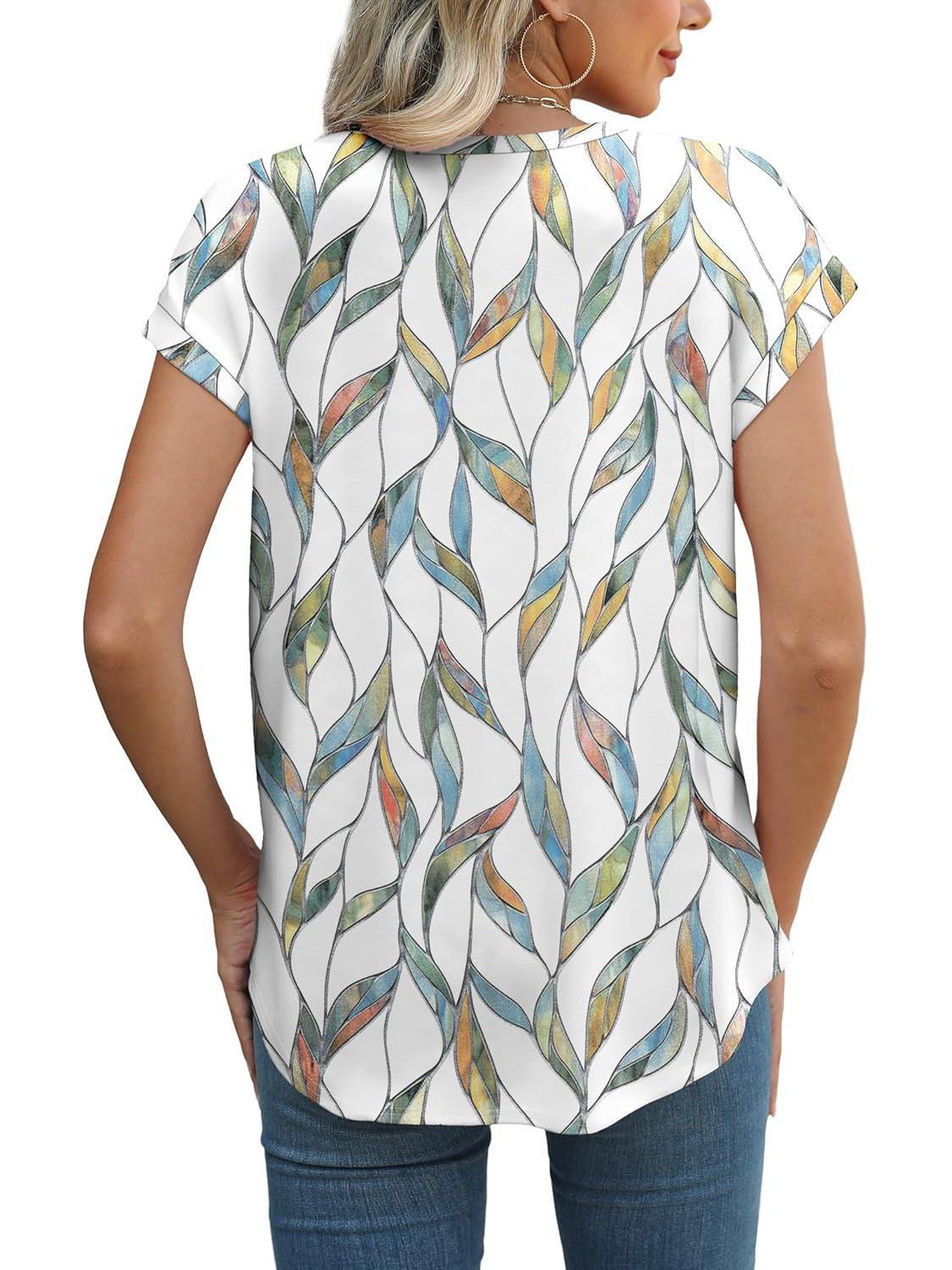 Leaf Print Round Neck Cap Sleeve Top 8