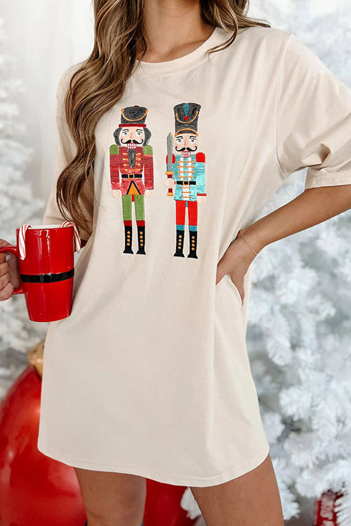Sequin Crew Neck Short Sleeve Nutcracker Print Mini Dress - View 7