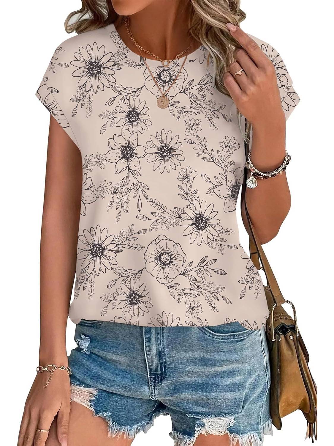 Leaf Print Round Neck Cap Sleeve Top 5