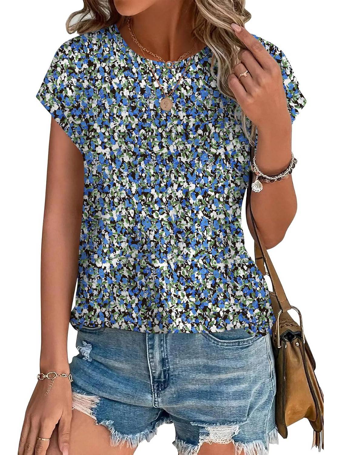Leaf Print Round Neck Cap Sleeve Top 6
