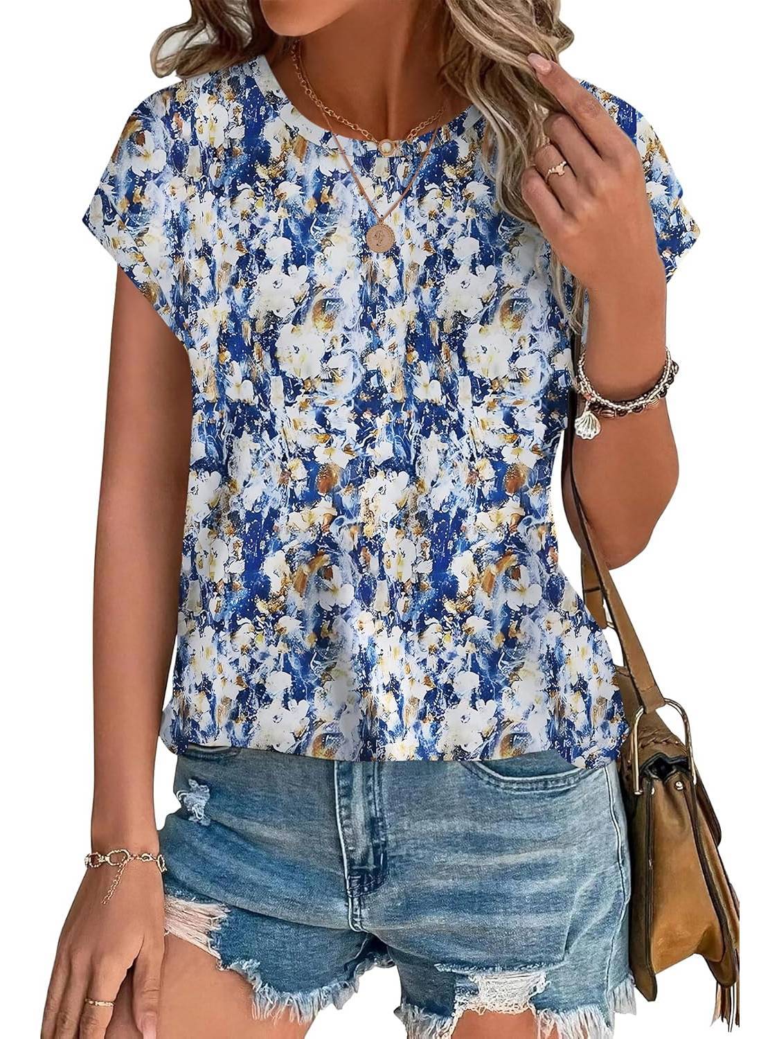 Leaf Print Round Neck Cap Sleeve Top 3