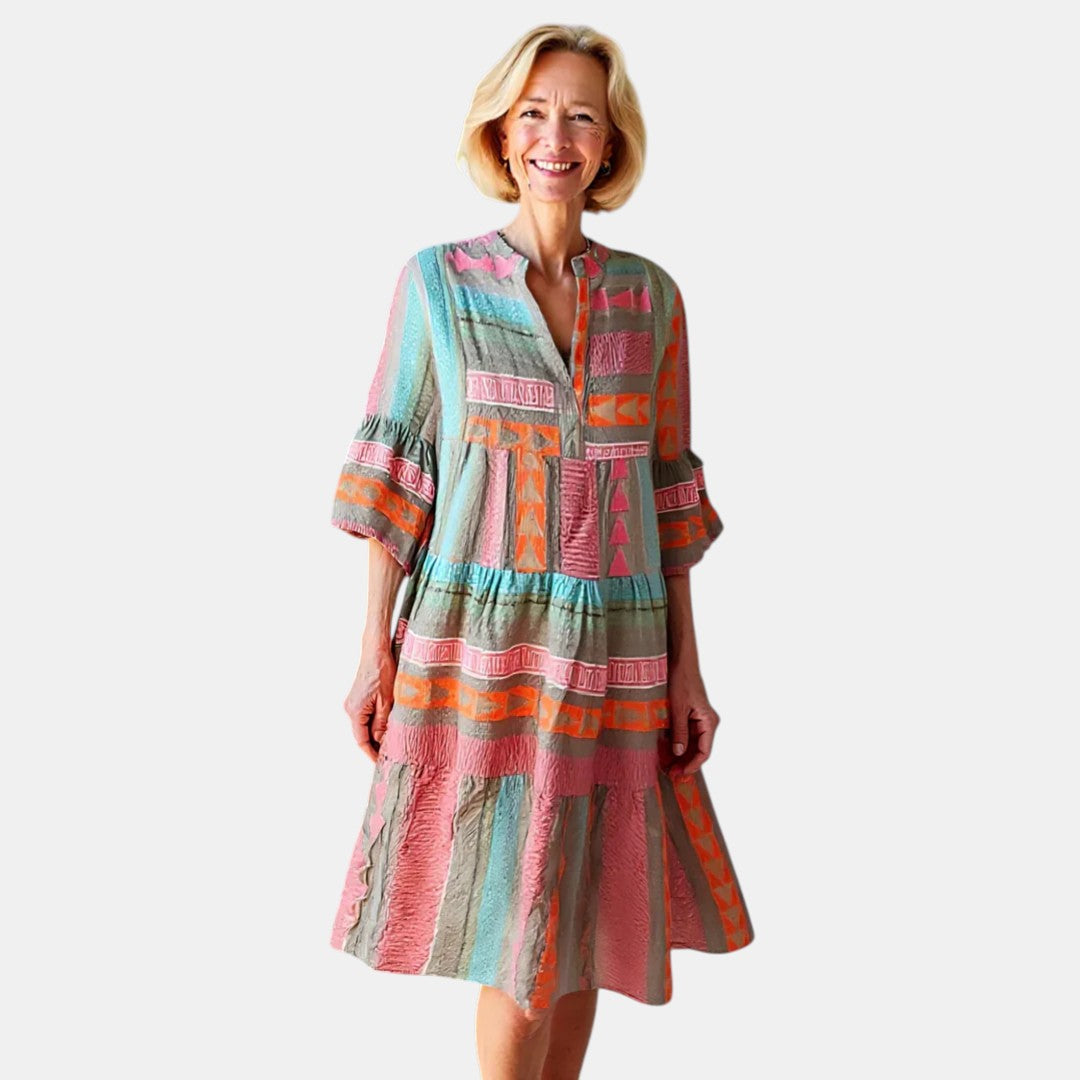 Geometric Print Notch Neck Flare Sleeve Tiered Mini Dress 2