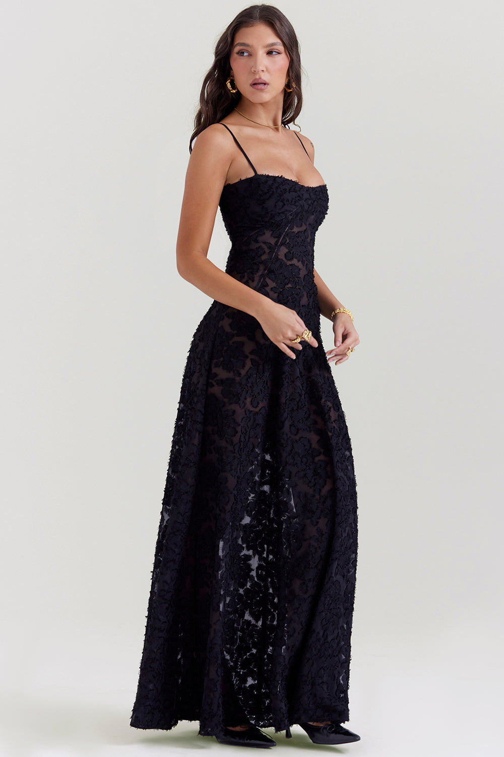 Floral Lace Spaghetti Strap Corset Bodice Sheer Mesh Maxi Gown 36