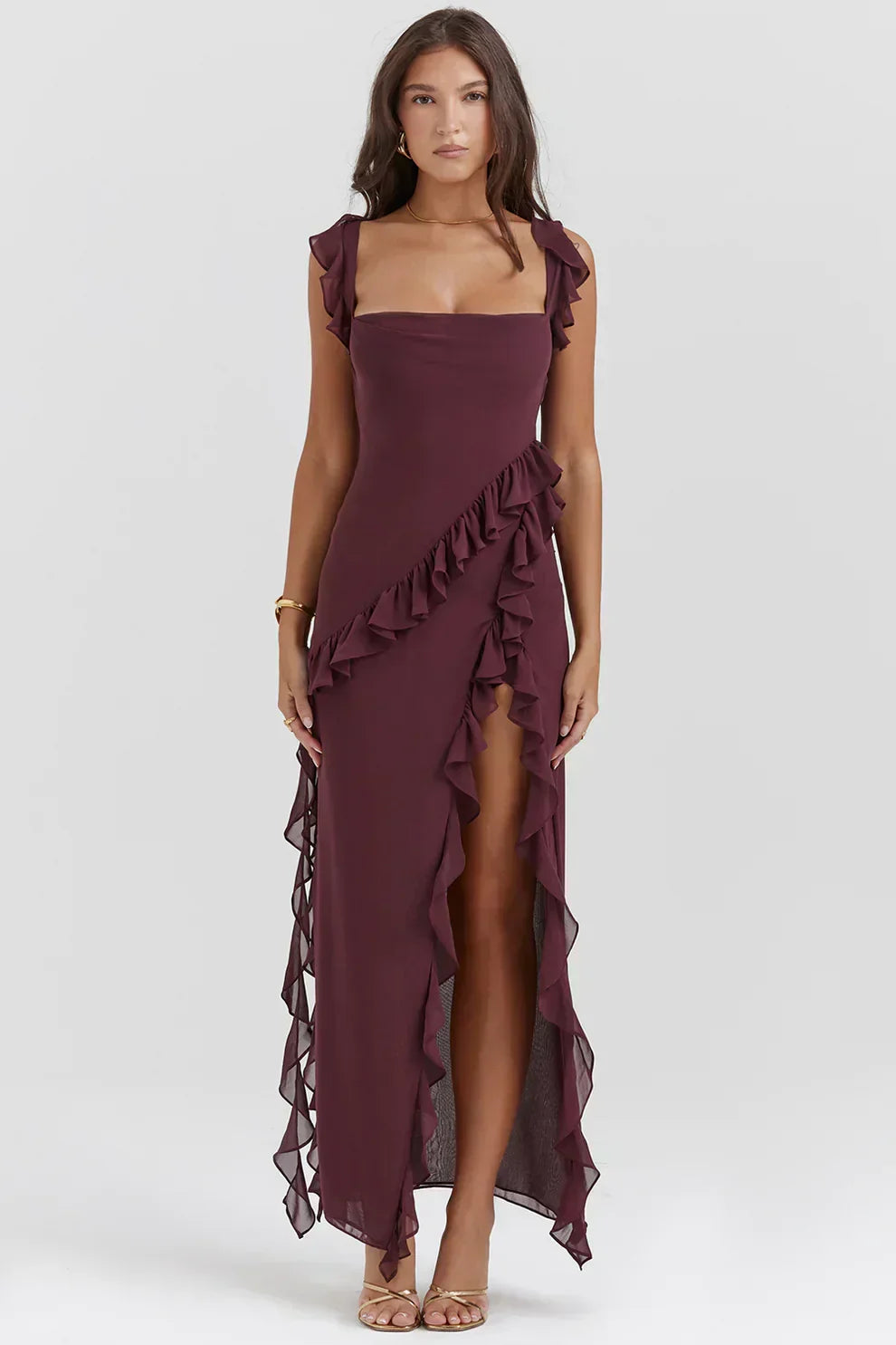Chiffon Square Neck Ruffle Strap High Split Maxi Gown - View 7