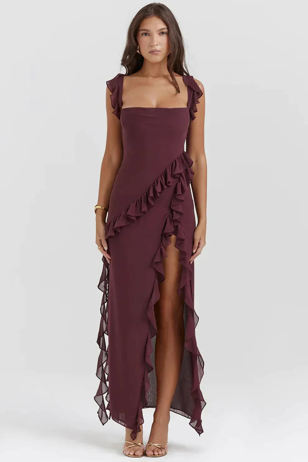 Square Neck Ruffle Strap High Split Asymmetrical Cascade Maxi Dress - View 8