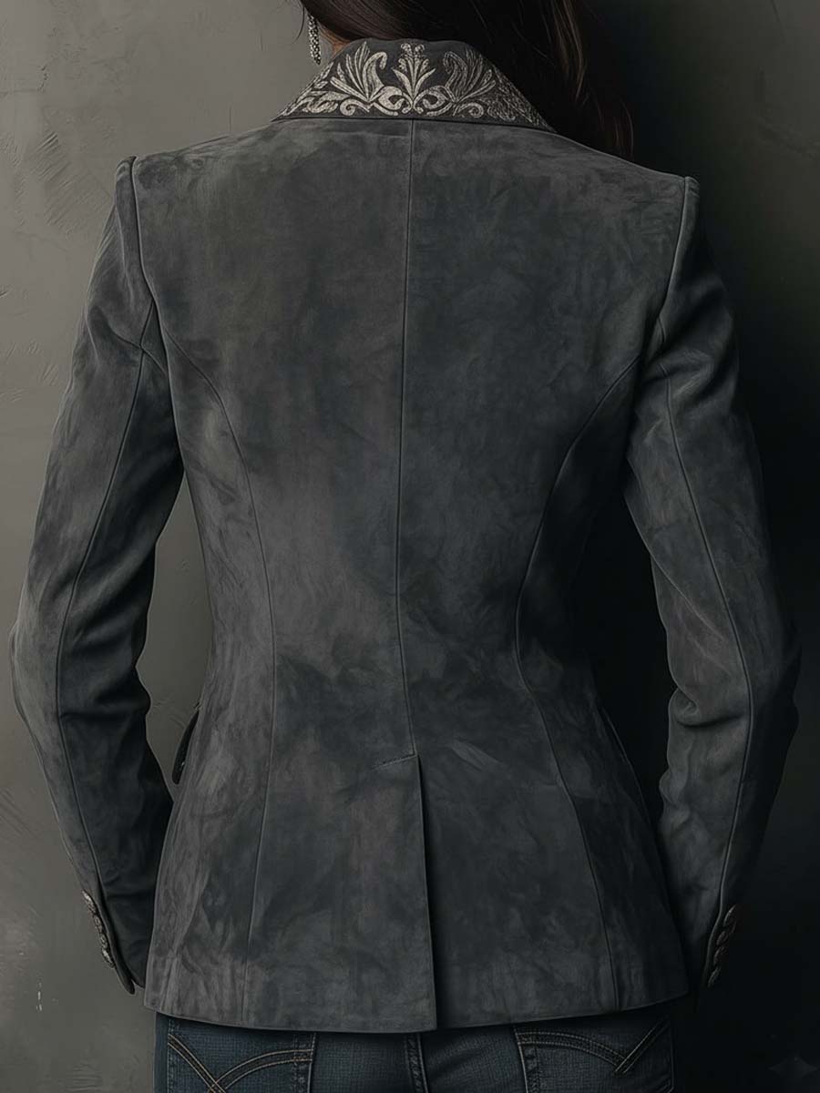 Floral Embossed Suede Look Single Button Blazer 6