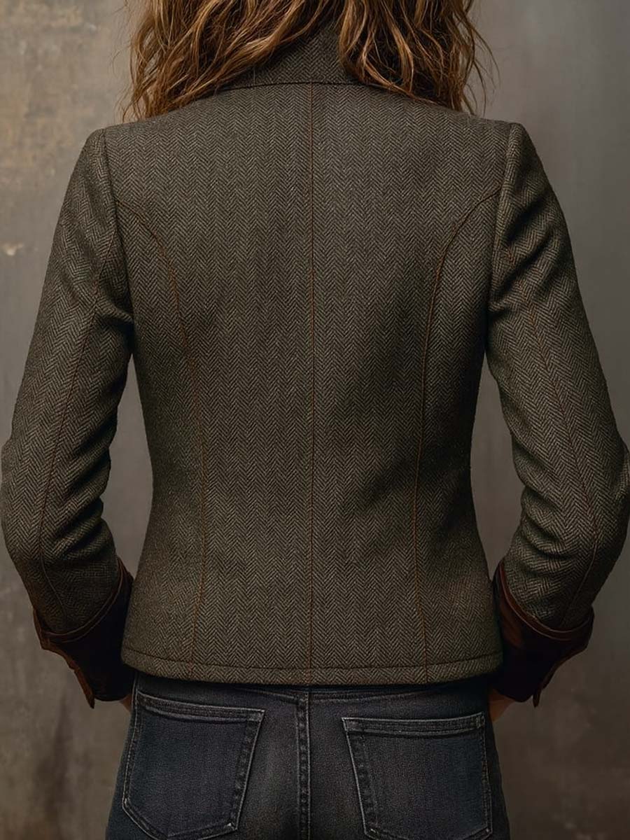 Herringbone Tweed Contrast Trim Button Front Jacket 3