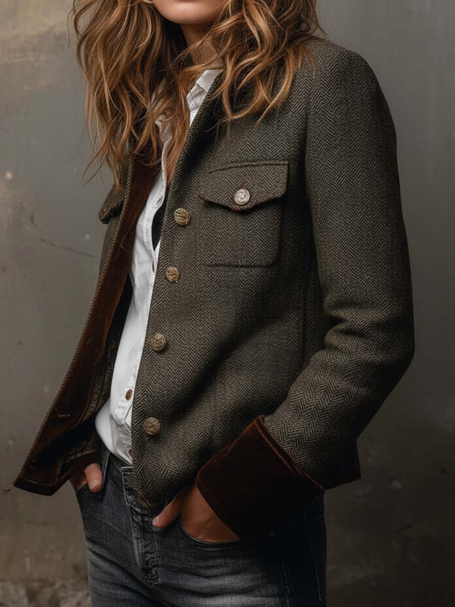 Herringbone Tweed Contrast Trim Button Front Jacket 2