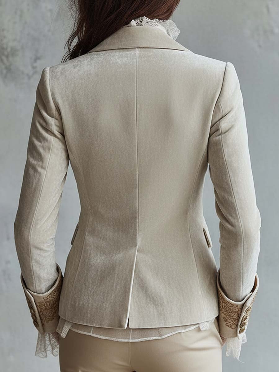 Embroidered Lace Cuff Velvet Look Blazer 7