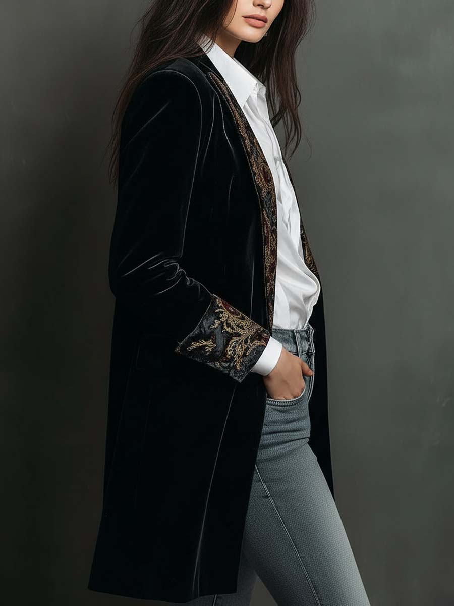 Baroque Brocade Lapel Velvet Look Longline Blazer 3