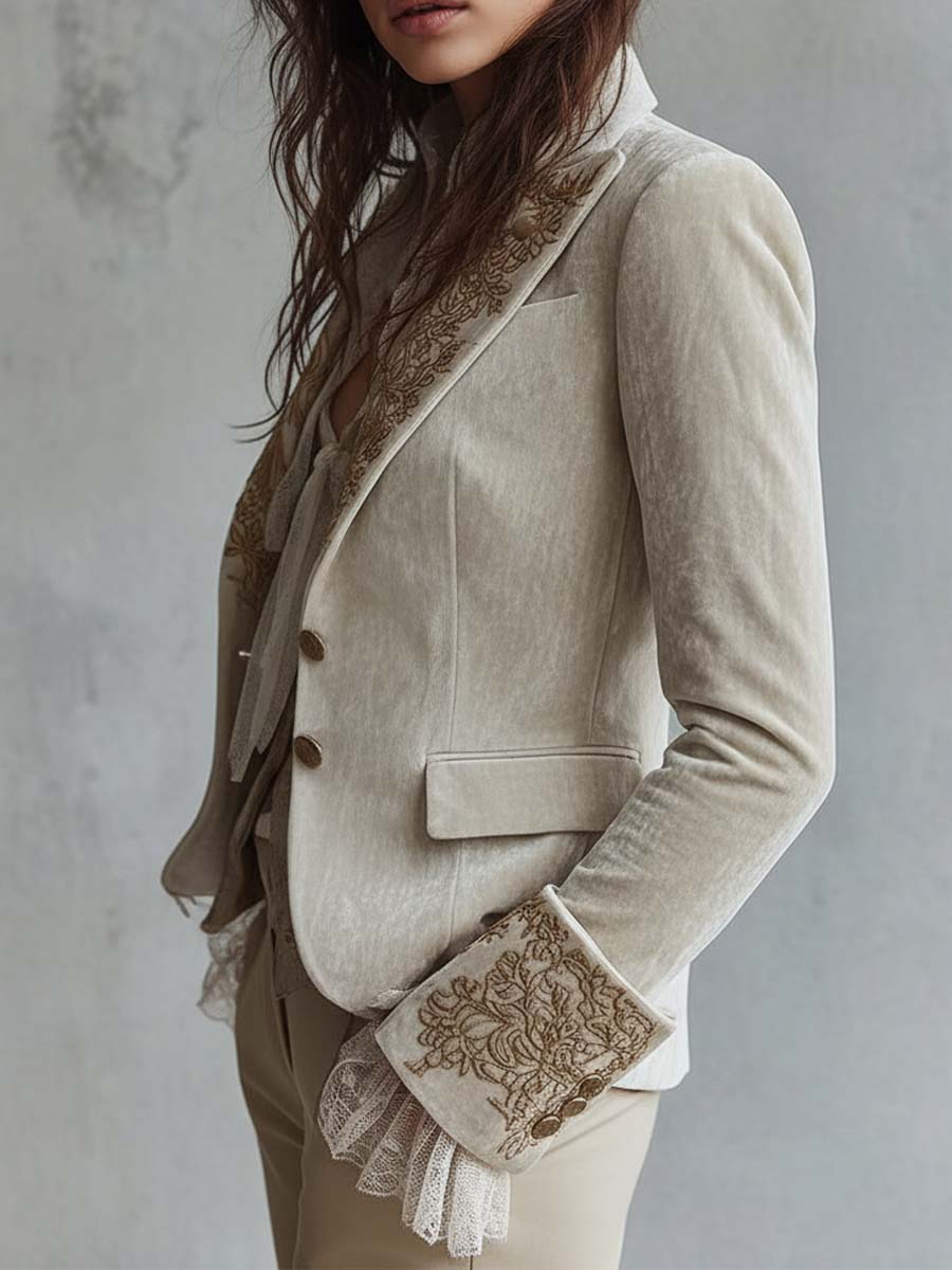 Embroidered Lace Cuff Velvet Look Tailored Blazer 2