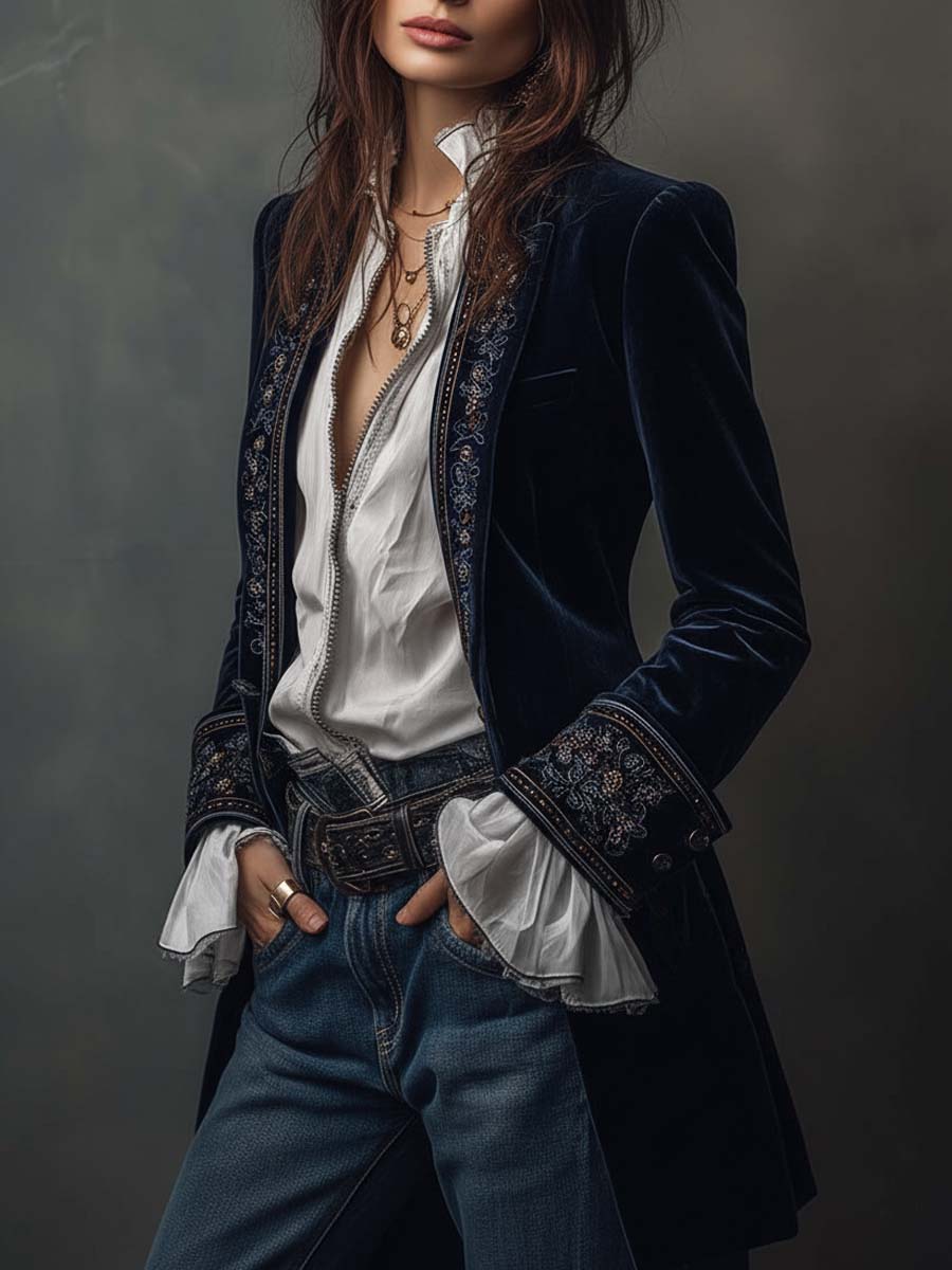 Embroidered Velvet Look Longline Blazer Jacket 3
