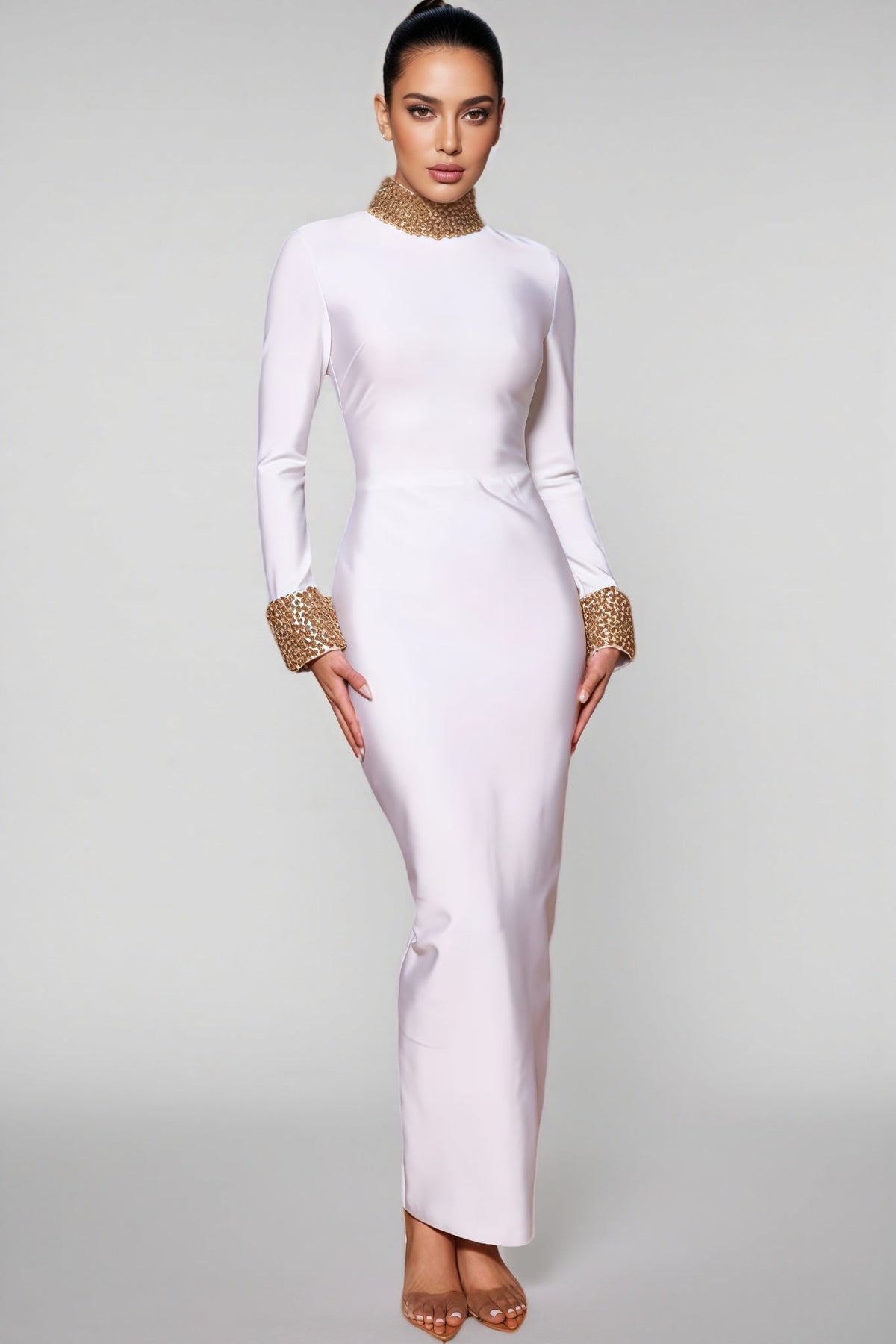 Rhinestone Beaded Mock Neck Long Sleeve Cuff Trim Bodycon Maxi Gown