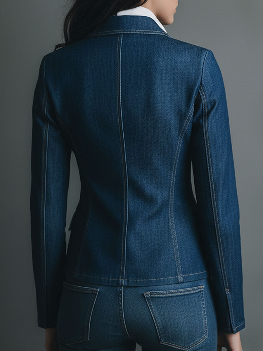 Denim Look Notch Lapel Fitted Button Front Blazer 5