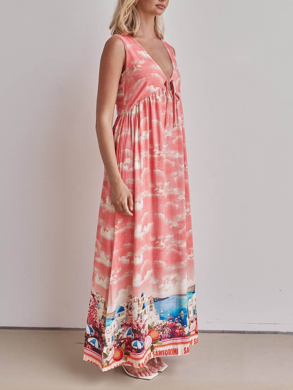 Unique Ink Print V Neck Lace Up Loose Fitting A Line Maxi Dress - View 2