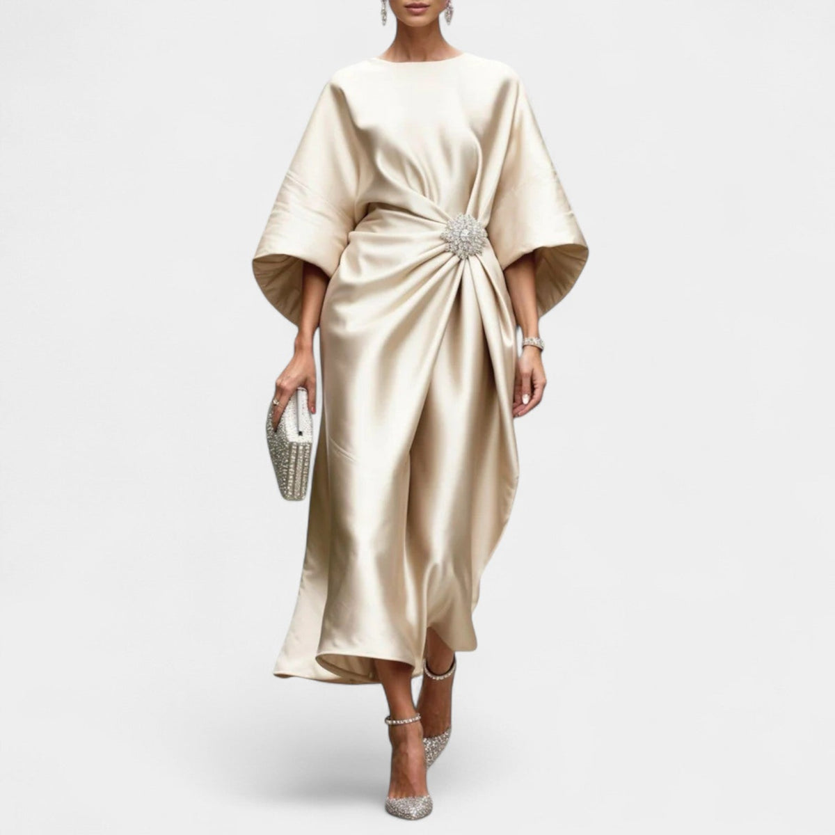 Satin Boat Neck Batwing Sleeve Brooch Ruched Midi Dress 7