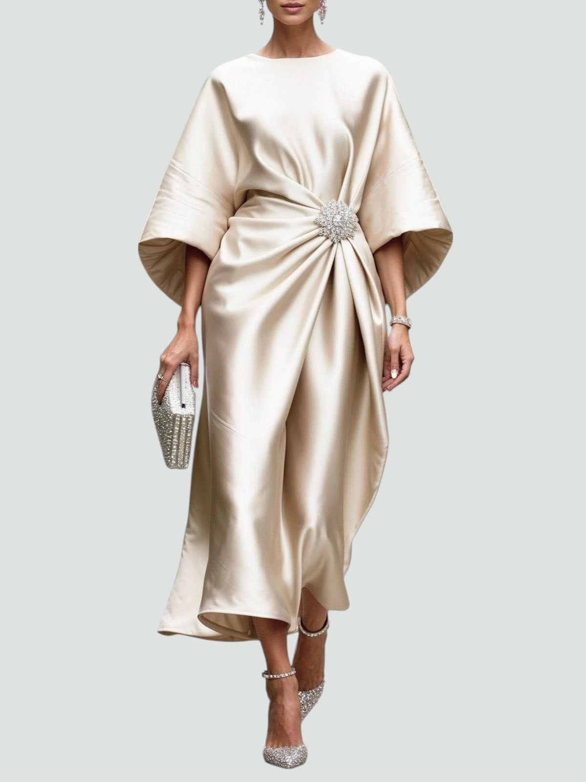 Boat Neck Cape Sleeve Brooch Waist Satin Maxi Dress 5