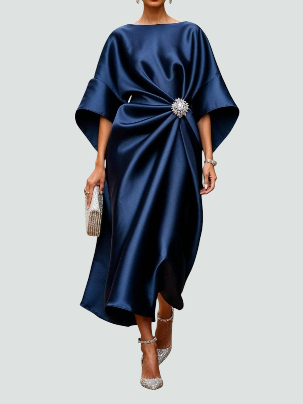 Boat Neck Cape Sleeve Brooch Waist Satin Maxi Dress