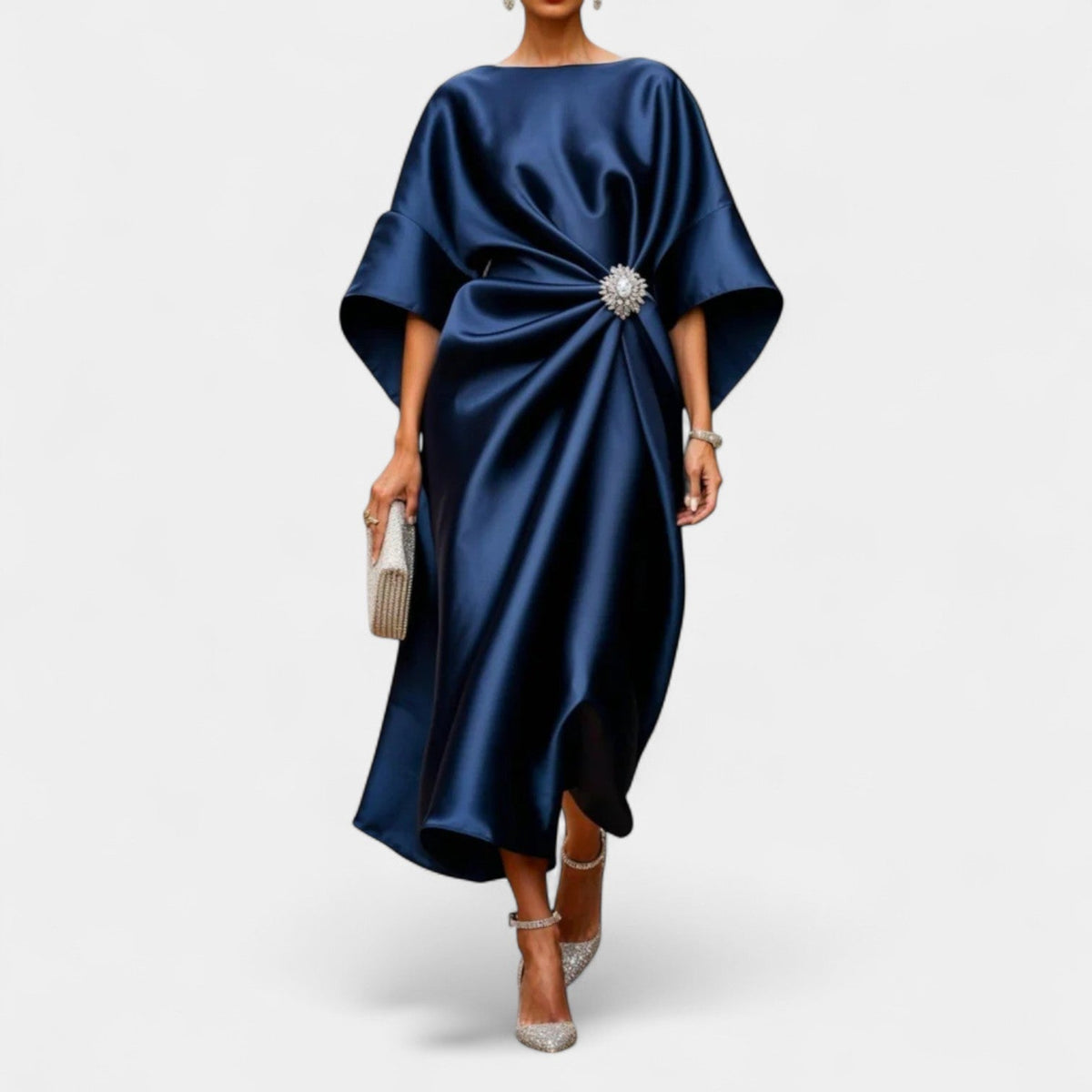 Satin Boat Neck Batwing Sleeve Brooch Ruched Midi Dress