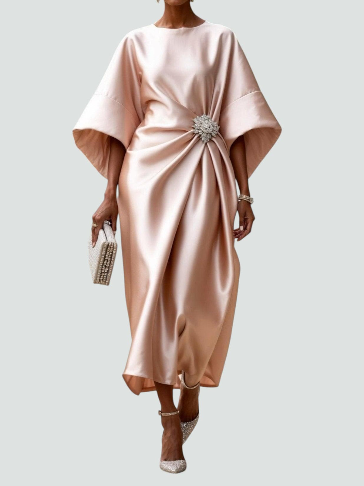 Batwing Sleeve Brooch Ruched Satin Midi Dress 5