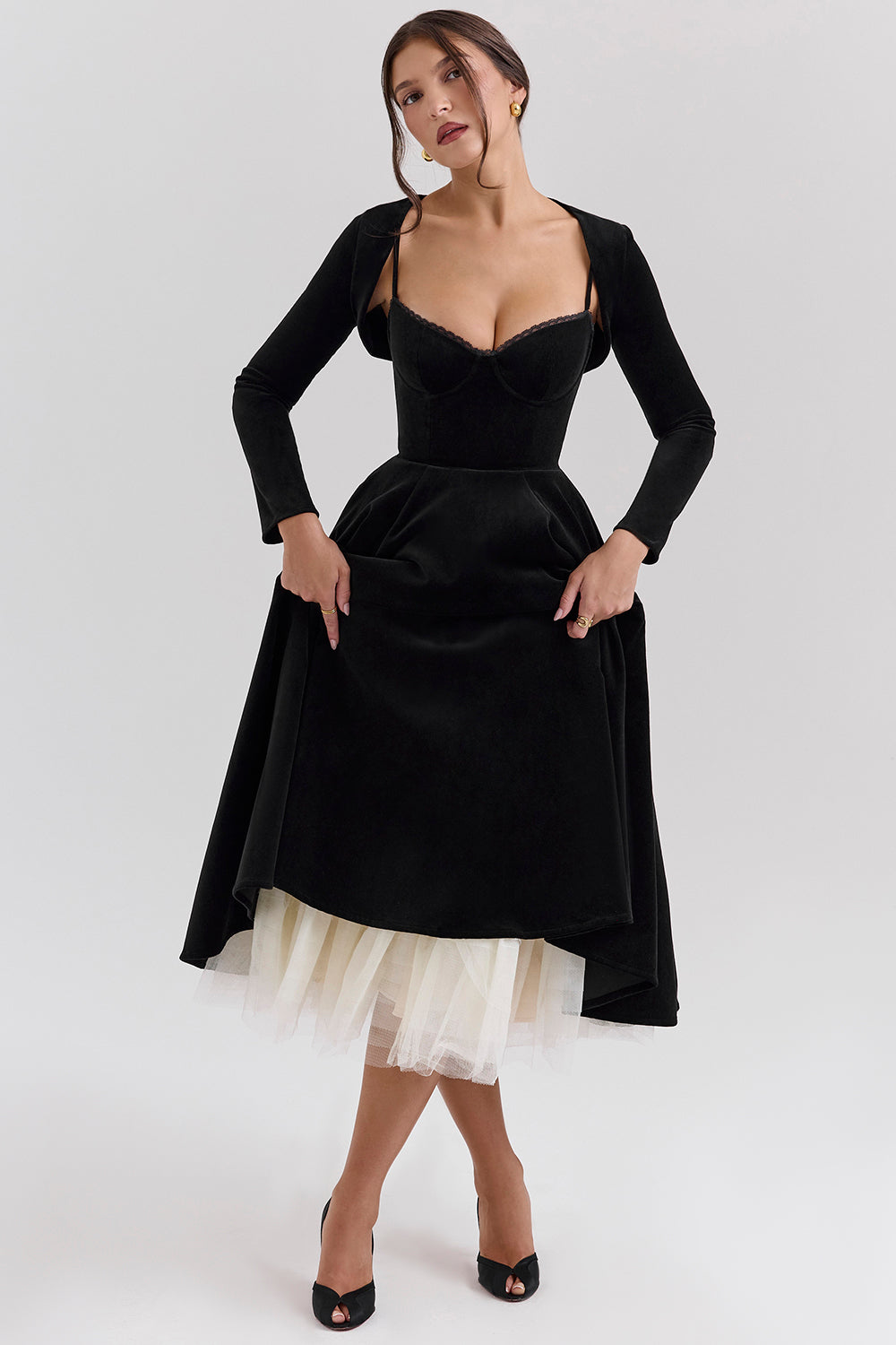 Black Velvet Tulle Midi Dress - View 5