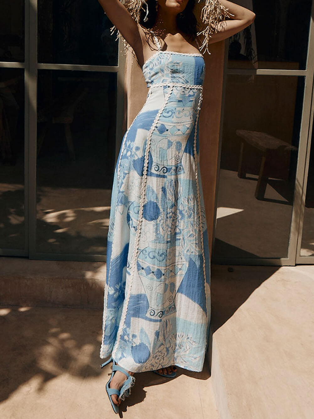 Unique Lace Patchwork Printed Back Tie Halter Flare Maxi Dresses - View 2