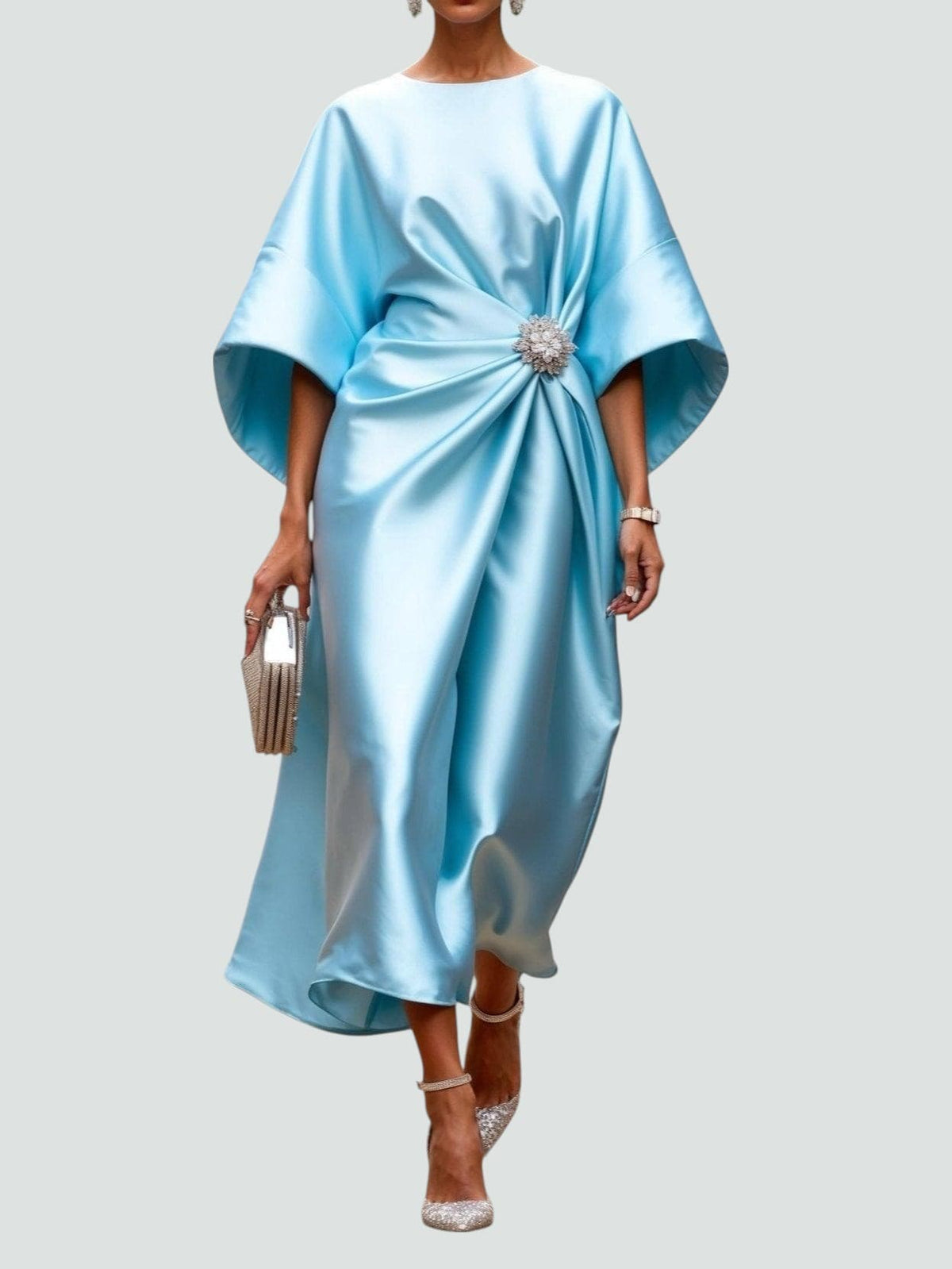 Boat Neck Cape Sleeve Brooch Waist Satin Maxi Dress 3