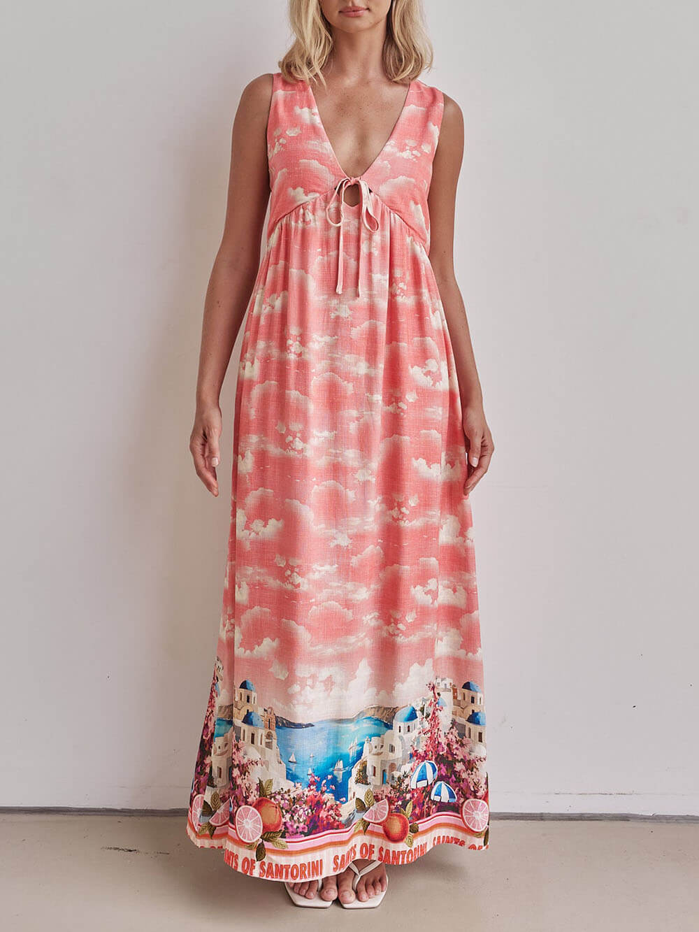 Unique Ink Print V Neck Lace Up Loose Fitting A Line Maxi Dress - View 5