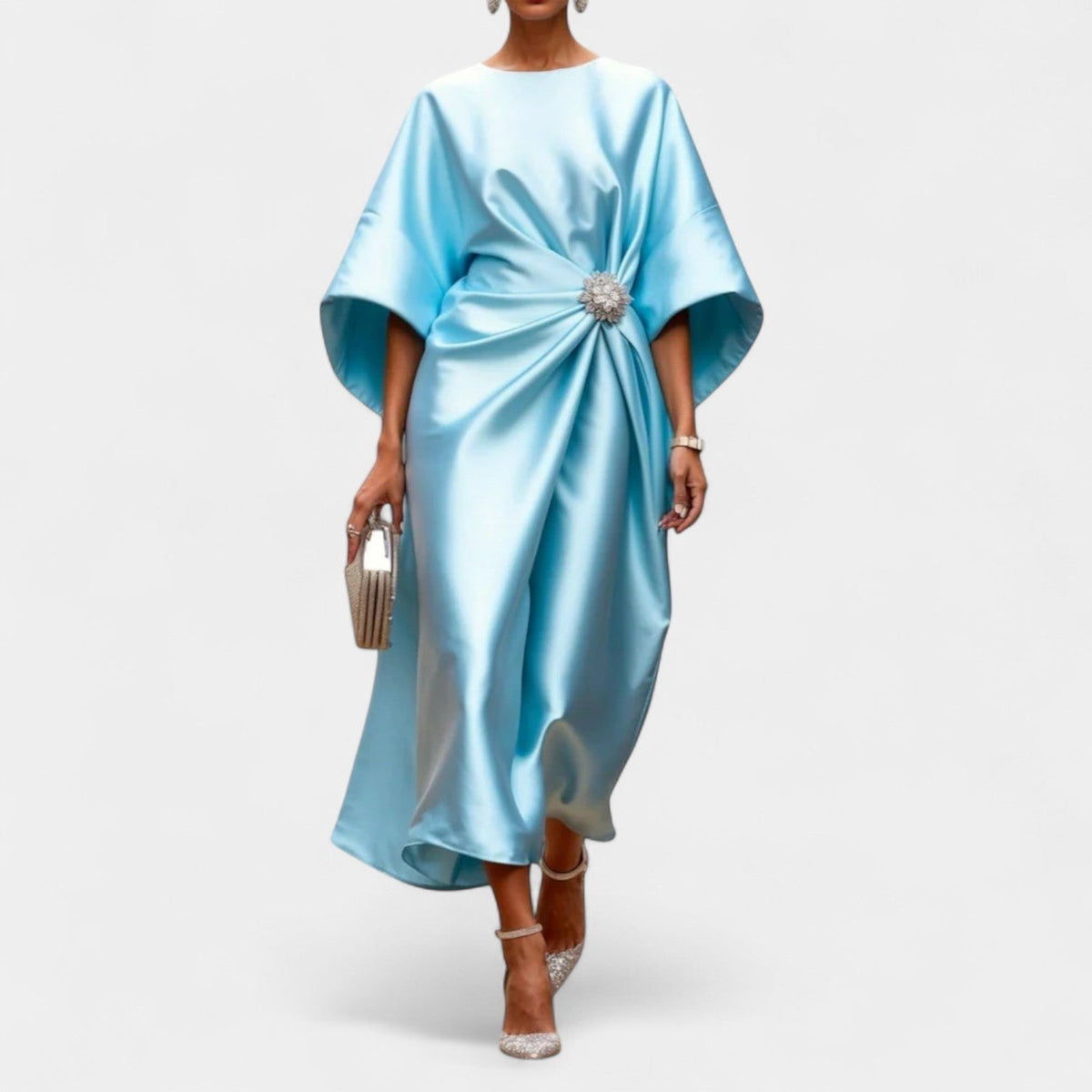 Satin Boat Neck Batwing Sleeve Brooch Ruched Midi Dress 2