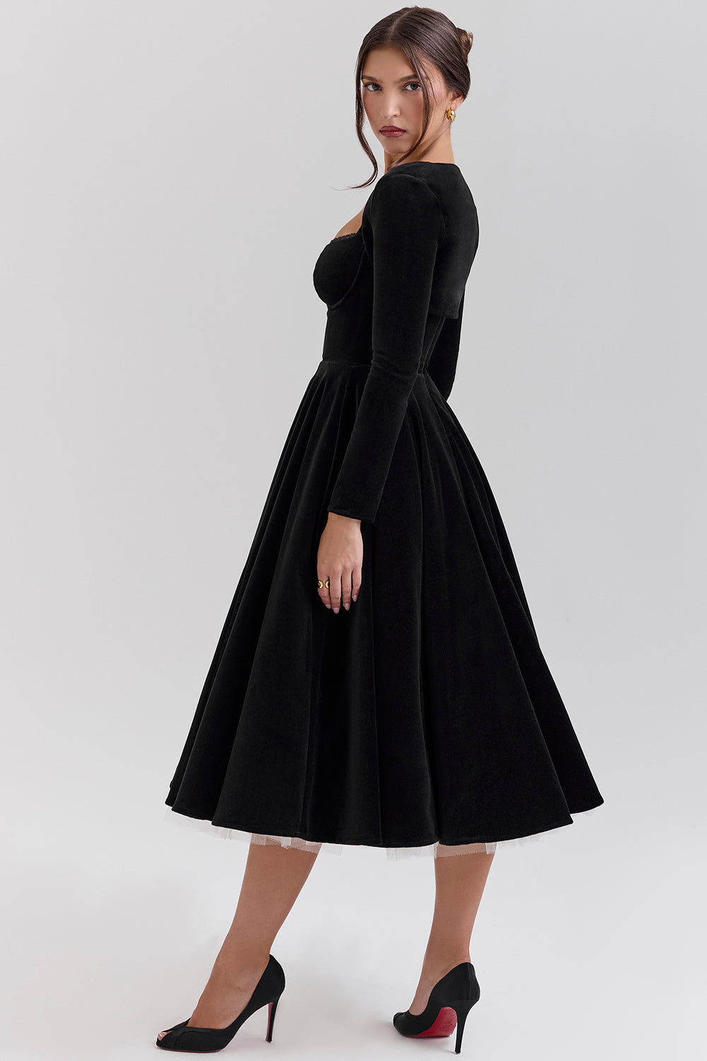 Black Velvet Tulle Midi Dress - View 8