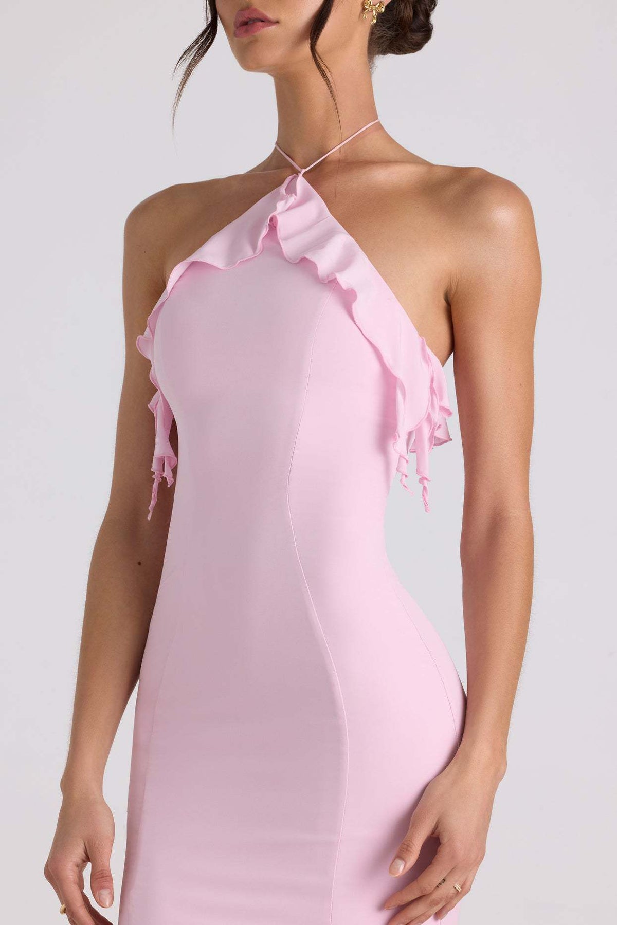 Halter Neck Ruffle Trim Fishtail Maxi Dress - View 4