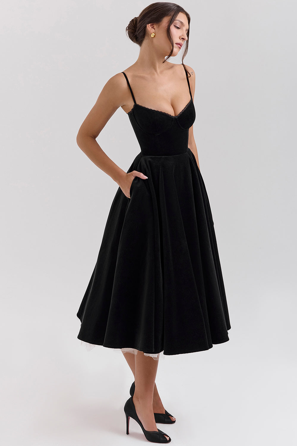 Black Velvet Tulle Midi Dress - View 2