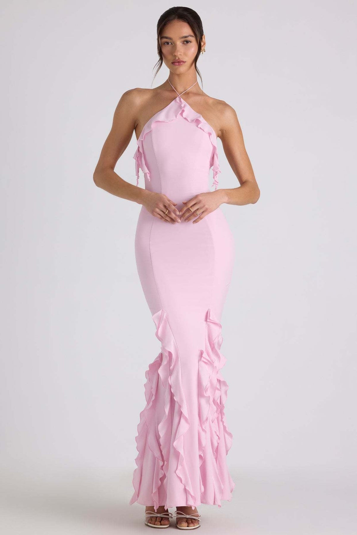 Halter Neck Ruffle Trim Fishtail Maxi Dress - View 5