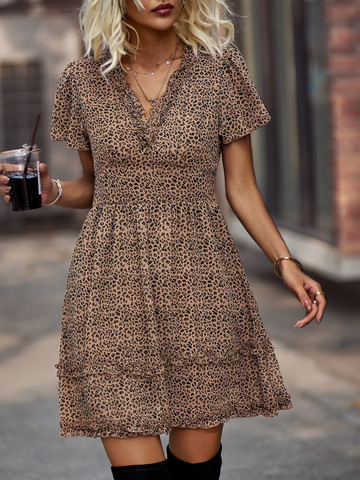 Ditsy Print V-Neck Flutter Sleeve Tiered Ruffle Mini Dress 4
