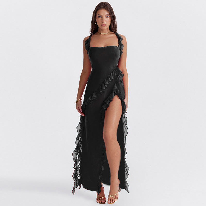 Ruffle Tie Strap High Split Maxi Dress 10