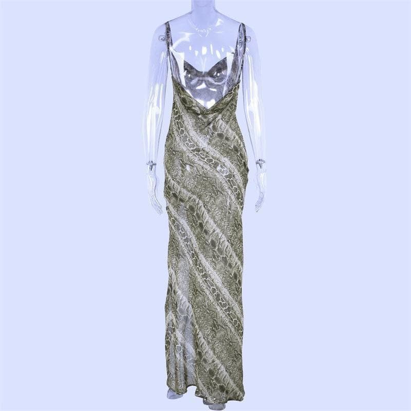 Halibuy Cowl neck open back snake print slit sheer maxi dress - View 2